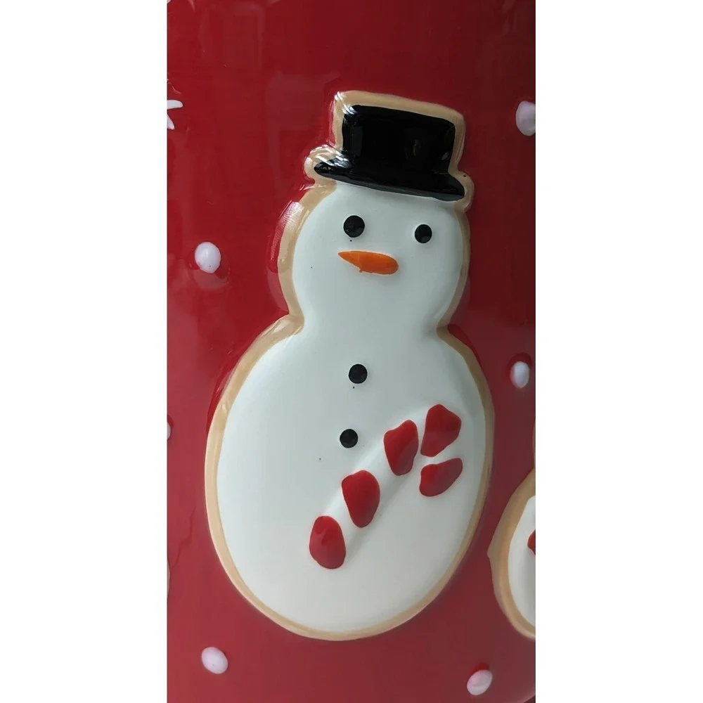 Hallmark Christmas Red Cookie Jar Canister 3 Snowmen Snowflakes 9